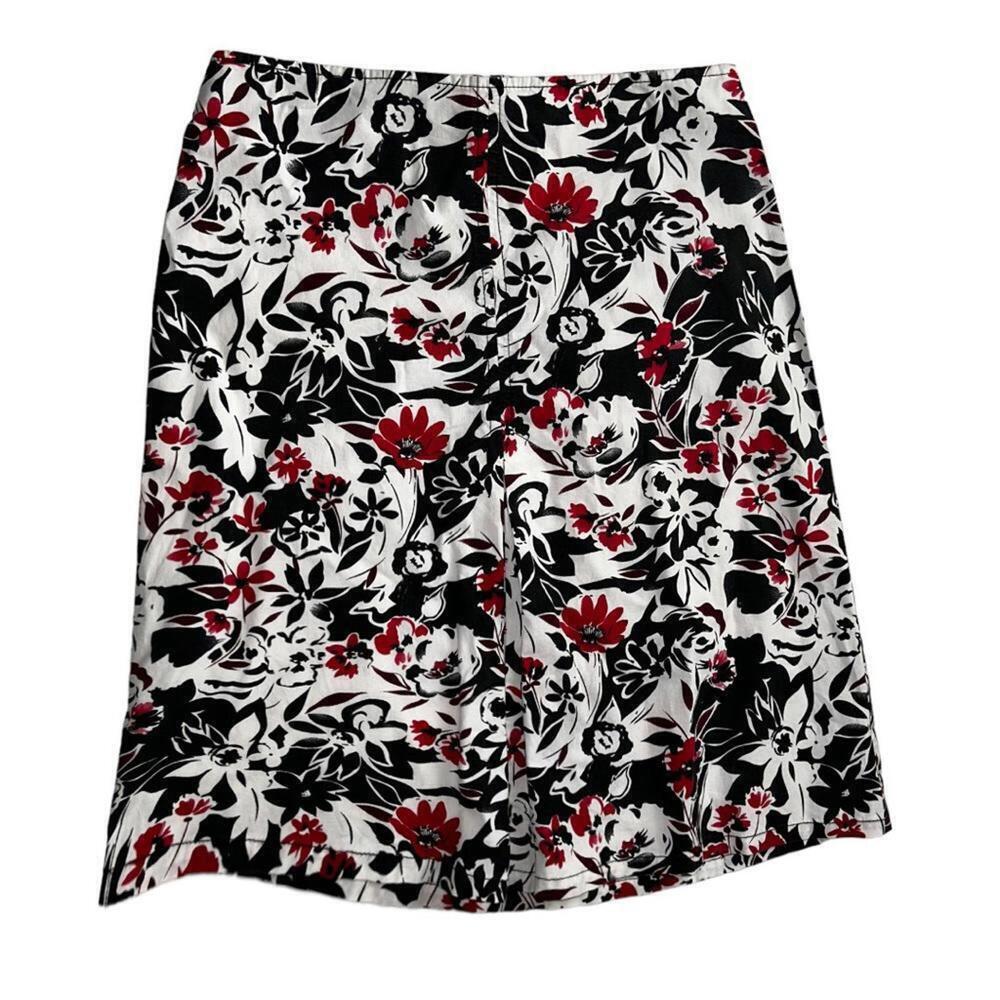 Vintage Red & Black Floral Knee Length A Line Skirt Small